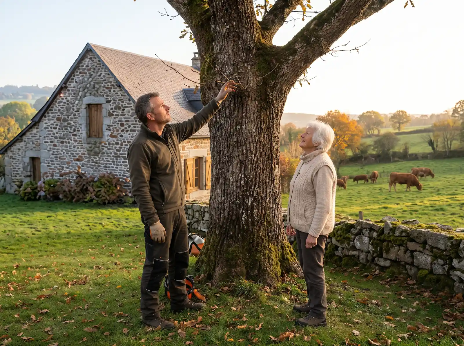 L’artisan montre une branche de chêne à une cliente devant une maison en granit, avant le devis