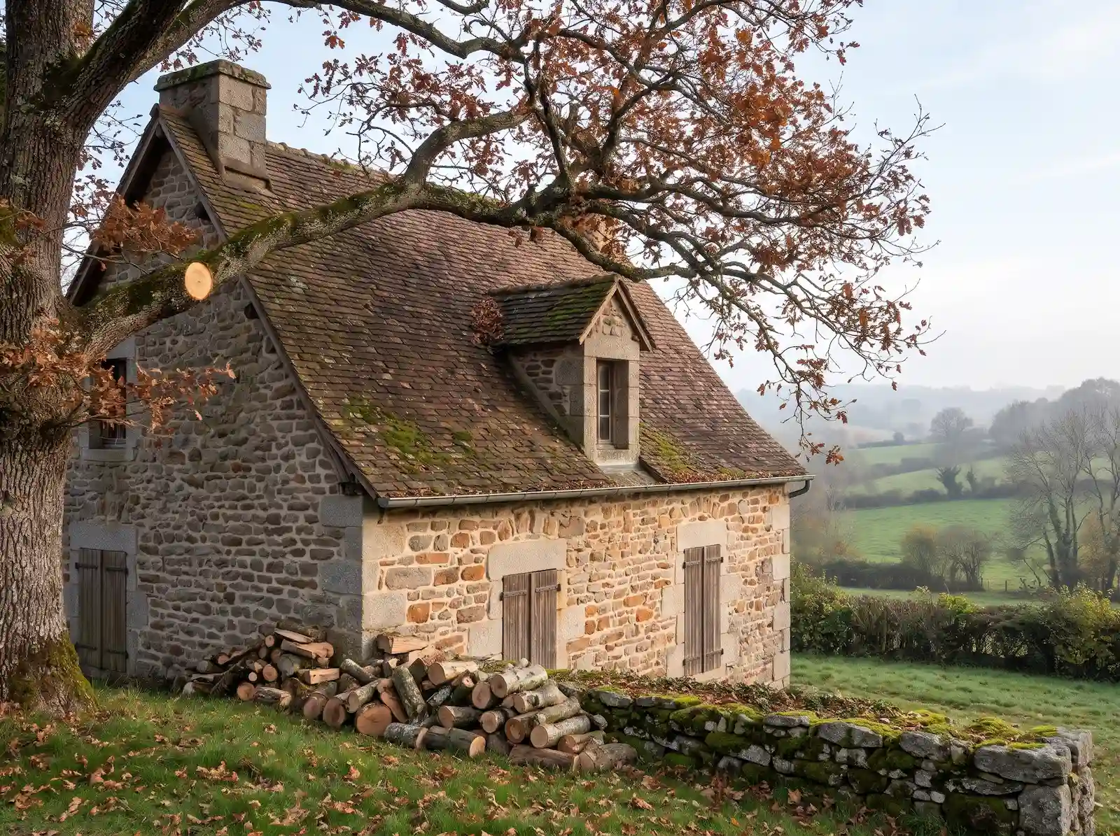 Après : branche coupée net près du tronc, toit dégagé, bûches rangées le long du muret de pierres sèches