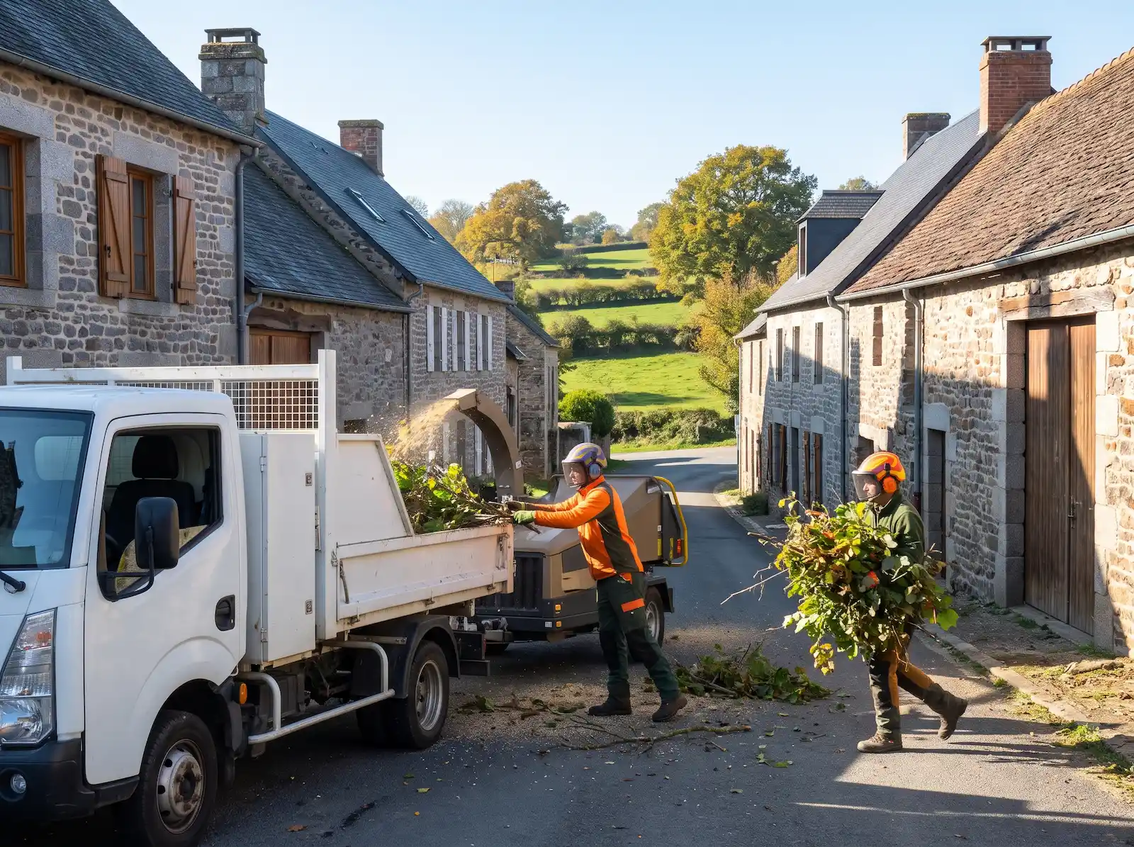 Deux élagueurs dans une rue de village en granit, l’un qui engage des branches dans le broyeur près du camion-benne, l’autre qui porte une brassée de branches